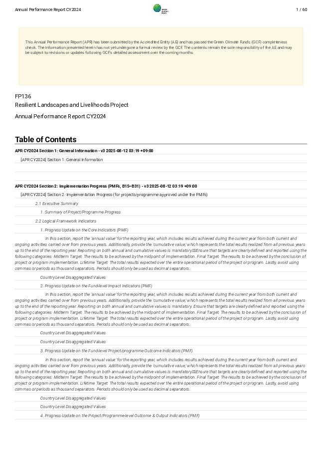 Document cover for 2024 Annual Performance Report for FP136: Resilient Landscapes and Livelihoods Project