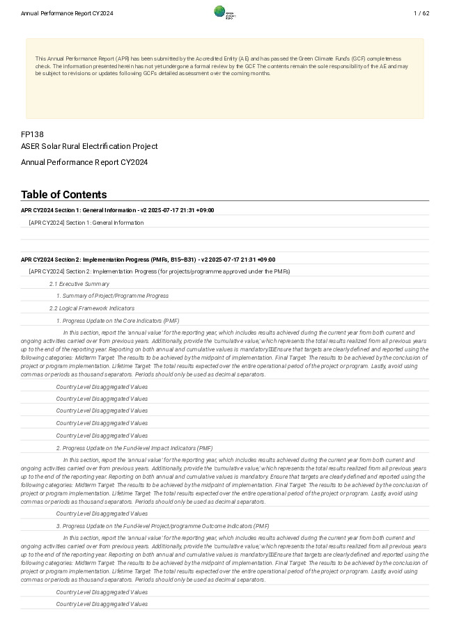 Document cover for 2024 Annual Performance Report for FP138: ASER Solar Rural Electrification Project