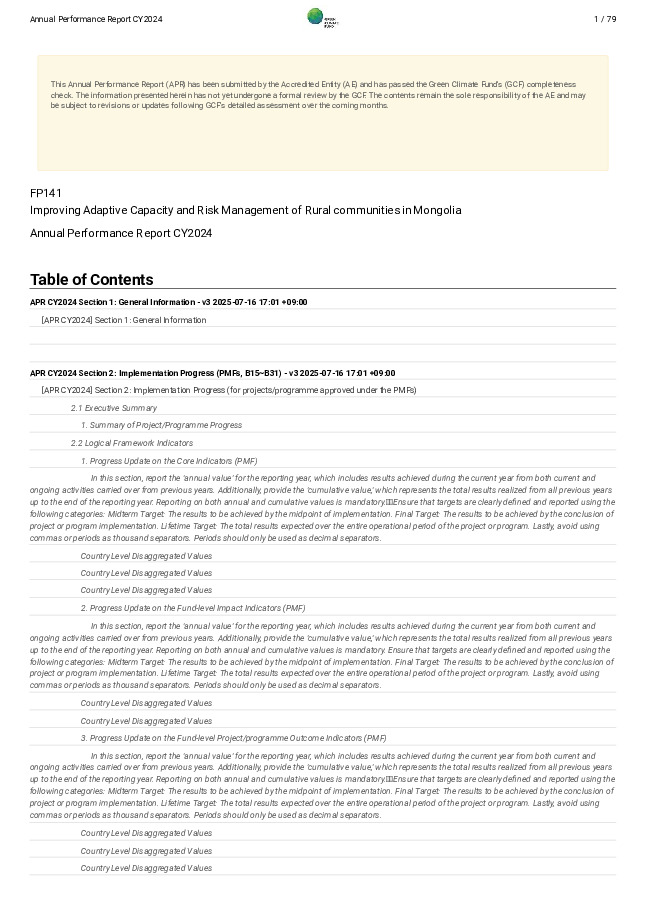 Document cover for 2024 Annual Performance Report for FP141: Improving Adaptive Capacity and Risk Management of Rural communities in Mongolia