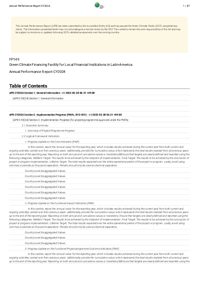 Document cover for 2024 Annual Performance Report for FP149: Green Climate Financing Facility for Local Financial Institutions in Latin-America