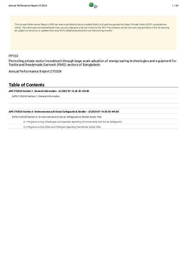 Document cover for 2024 Annual Performance Report for FP150: Promoting private sector investment through large scale adoption of energy saving technologies and equipment for Textile and Readymade Garment (RMG) sectors of Bangladesh