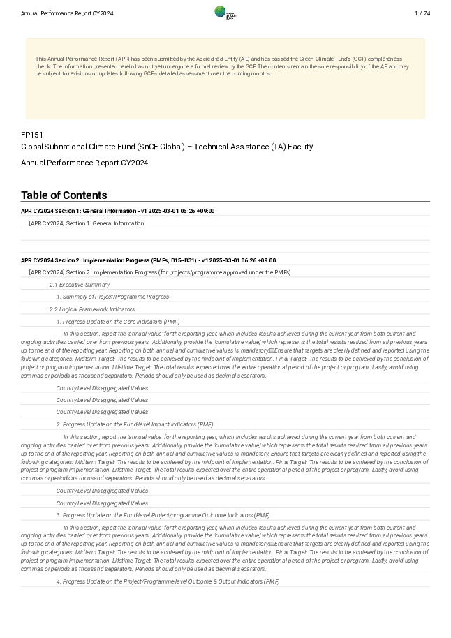 Document cover for 2024 Annual Performance Report for FP151: Global Subnational Climate Fund (SnCF Global) – Technical Assistance (TA) Facility