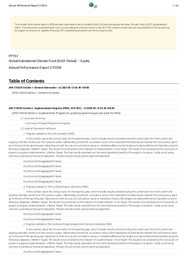 Document cover for 2024 Annual Performance Report for FP152: Global Subnational Climate Fund (SnCF Global) – Equity