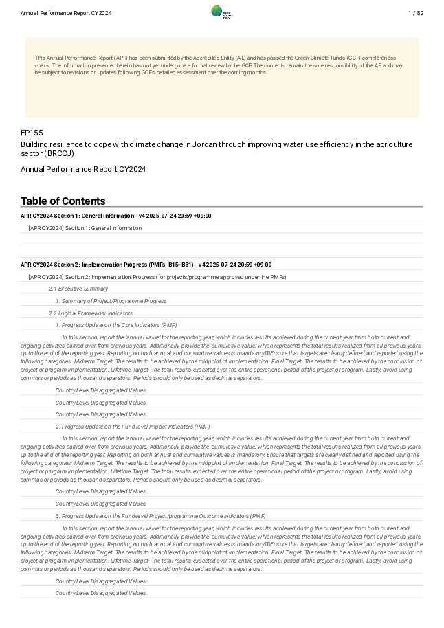 Document cover for 2024 Annual Performance Report for FP155: Building resilience to cope with climate change in Jordan through improving water use efficiency in the agriculture sector (BRCCJ)