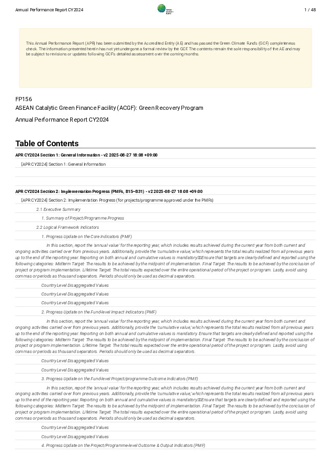 Document cover for 2024 Annual Performance Report for FP156: ASEAN Catalytic Green Finance Facility (ACGF): Green Recovery Program
