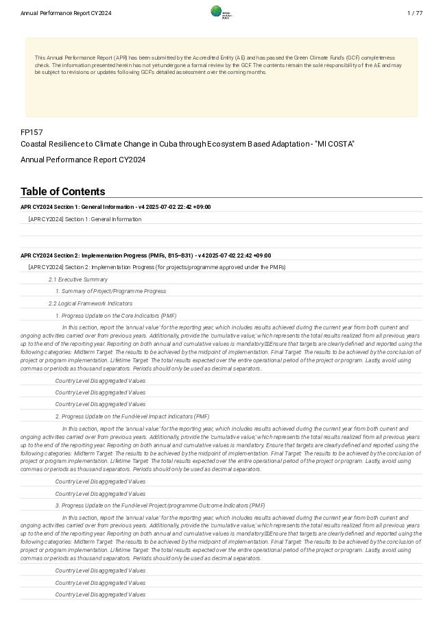 Document cover for 2024 Annual Performance Report for FP157: Coastal Resilience to Climate Change in Cuba through Ecosystem Based Adaptation - "MI COSTA"