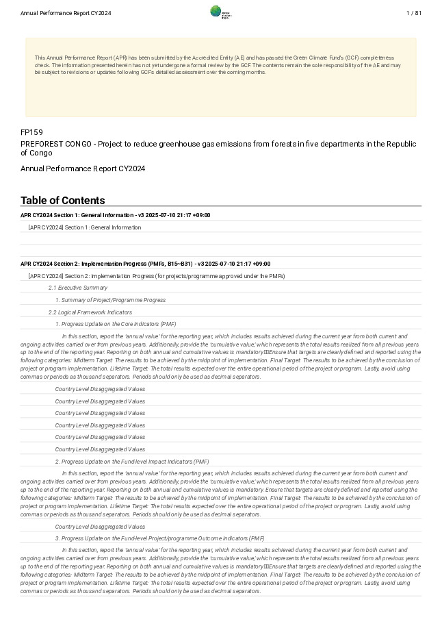 Document cover for 2024 Annual Performance Report for FP159: PREFOREST CONGO - Project to reduce greenhouse gas emissions from forests in five departments in the Republic of Congo
