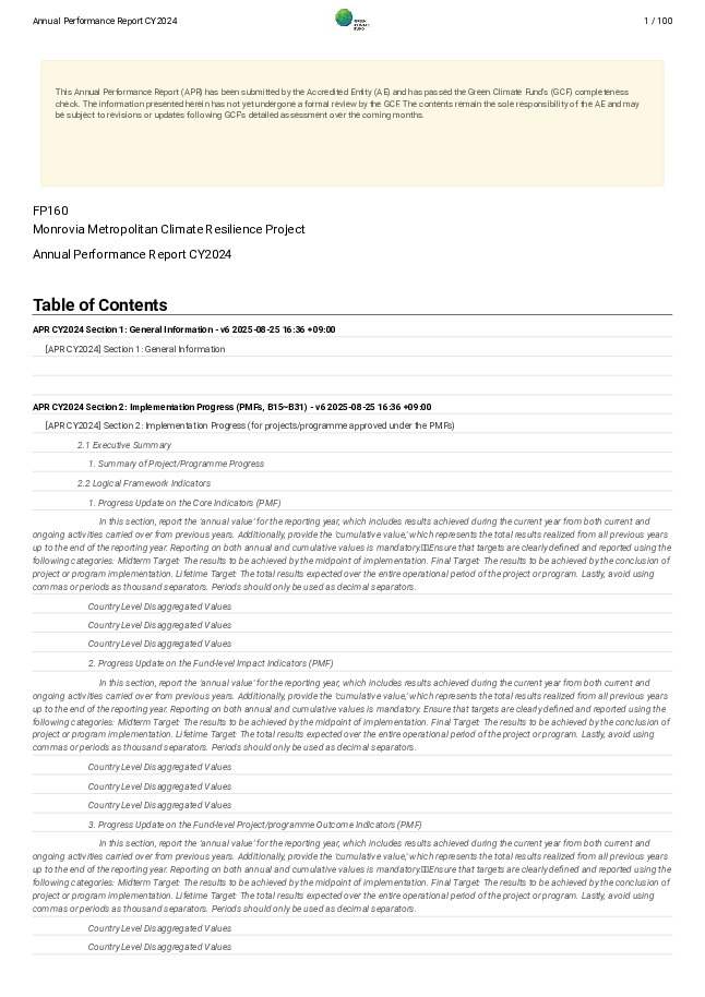Document cover for 2024 Annual Performance Report for FP160: Monrovia Metropolitan Climate Resilience Project