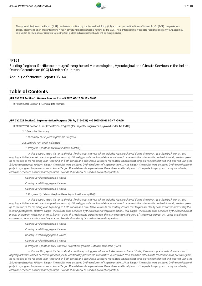 Document cover for 2024 Annual Performance Report for FP161: Building Regional Resilience through Strengthened Meteorological, Hydrological and Climate Services in the Indian Ocean Commission (IOC) Member Countries