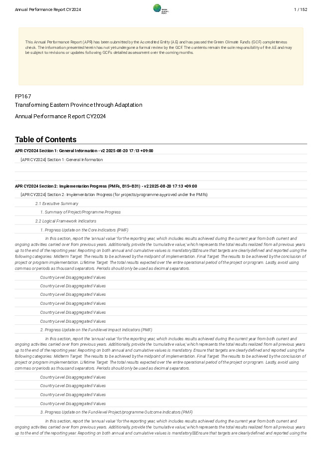 Document cover for 2024 Annual Performance Report for FP167: Transforming Eastern Province through Adaptation