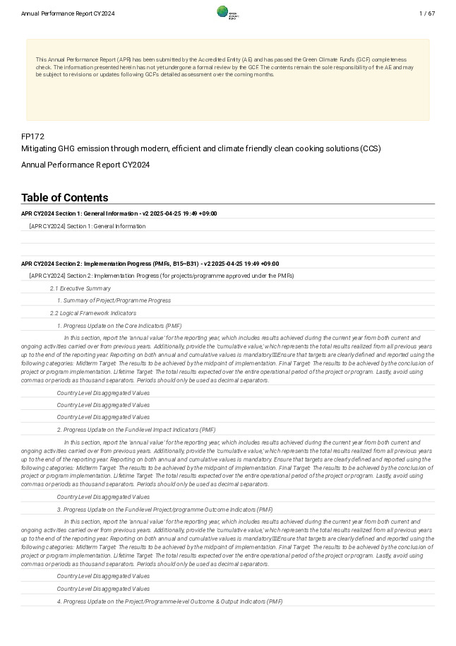 Document cover for 2024 Annual Performance Report for FP172: Mitigating GHG emission through modern, efficient and climate friendly clean cooking solutions (CCS)