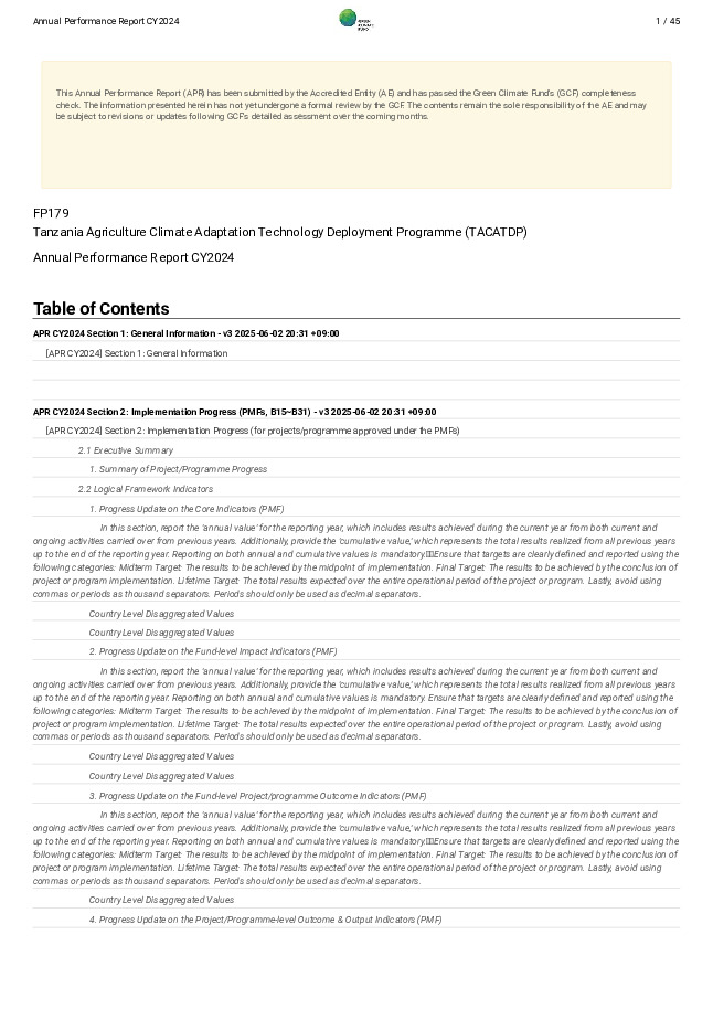Document cover for 2024 Annual Performance Report for FP179: Tanzania Agriculture Climate Adaptation Technology Deployment Programme (TACATDP)