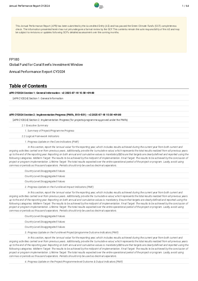 Document cover for 2024 Annual Performance Report for FP180: Global Fund for Coral Reefs Investment Window