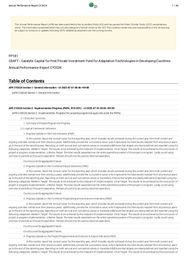 Document cover for 2024 Annual Performance Report for FP181: CRAFT - Catalytic Capital for First Private Investment Fund for Adaptation Technologies in Developing Countries