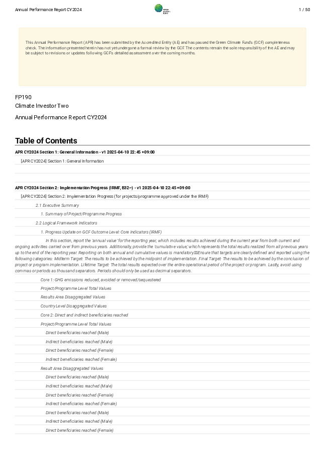 Download 2024 Annual Performance Report for FP190: Climate Investor Two Document cover for 2024 Annual Performance Report for FP190: Climate Investor Two