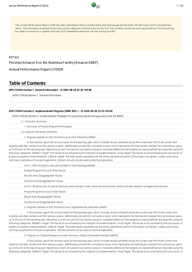 Document cover for 2024 Annual Performance Report for FP193: Peruvian Amazon Eco Bio Business Facility (Amazon EBBF)