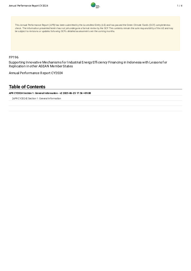 Document cover for 2024 Annual Performance Report for FP196: Supporting Innovative Mechanisms for Industrial Energy Efficiency Financing in Indonesia with Lessons for Replication in other ASEAN Member States