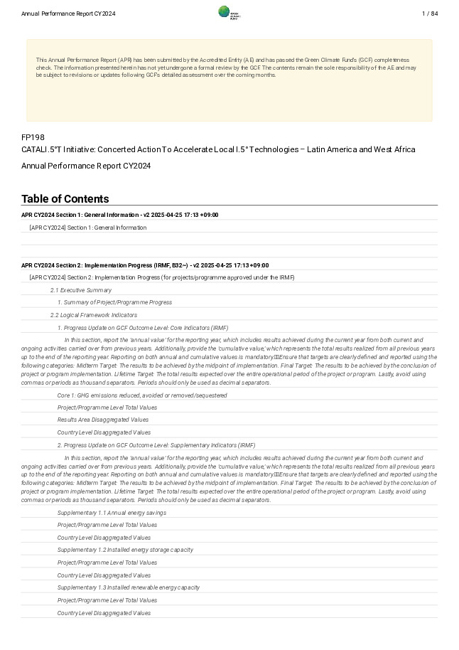 Document cover for 2024 Annual Performance Report for FP198: CATALI.5°T Initiative: Concerted Action To Accelerate Local I.5° Technologies – Latin America and West Africa