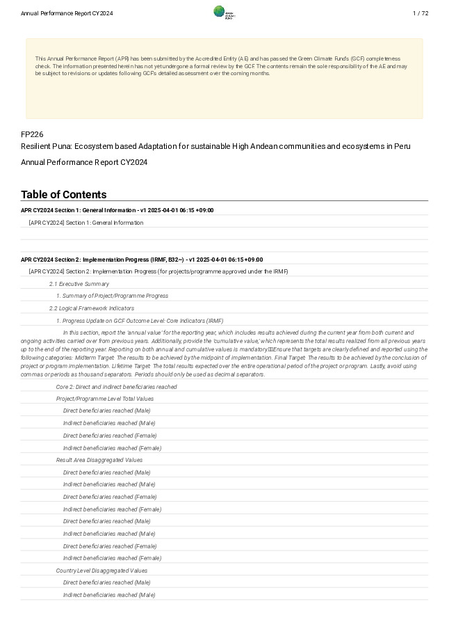 Document cover for 2024 Annual Performance Report for FP226: Resilient Puna: Ecosystem based Adaptation for sustainable High Andean communities and ecosystems in Peru