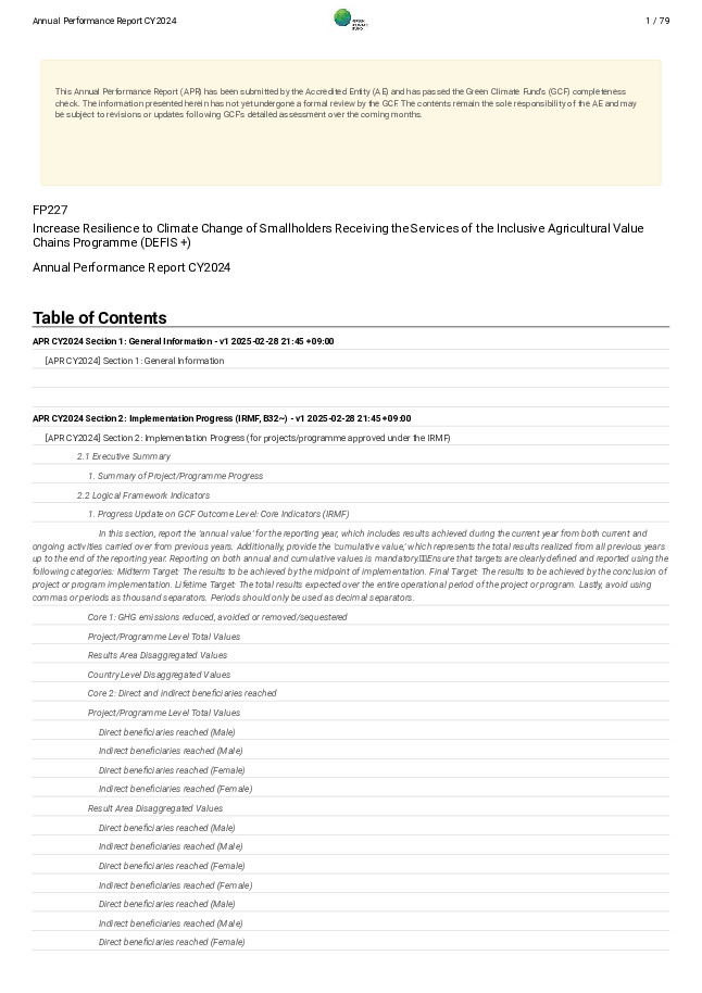 Document cover for 2024 Annual Performance Report for FP227: Increase Resilience to Climate Change of Smallholders Receiving the Services of the Inclusive Agricultural Value Chains Programme (DEFIS +)