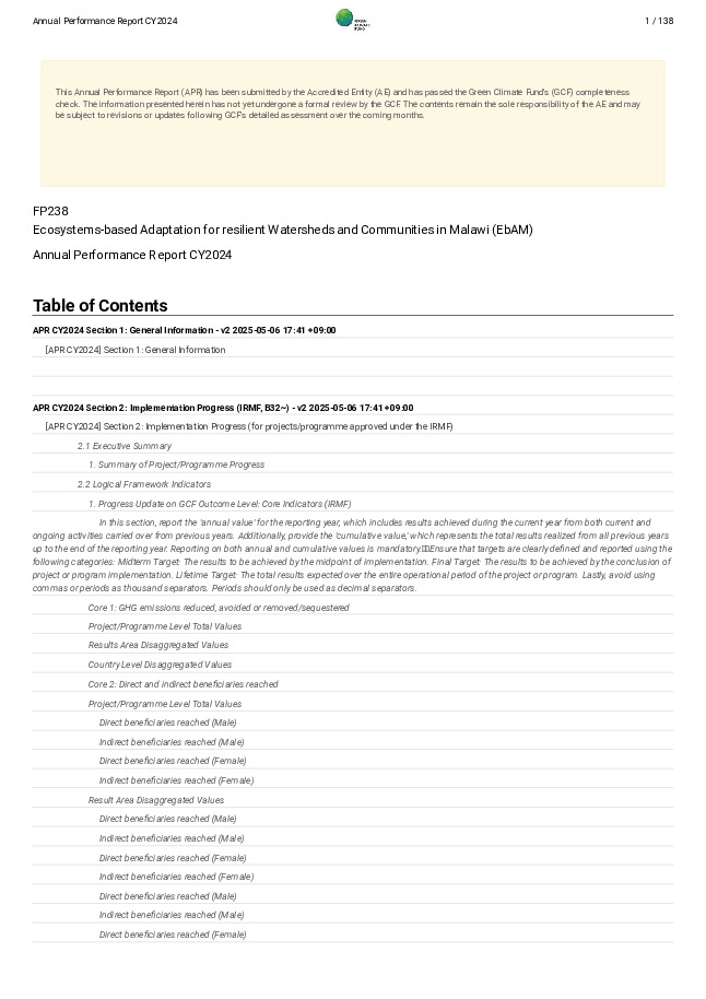 Document cover for 2024 Annual Performance Report for FP238: Ecosystems-based Adaptation for resilient Watersheds and Communities in Malawi (EbAM)