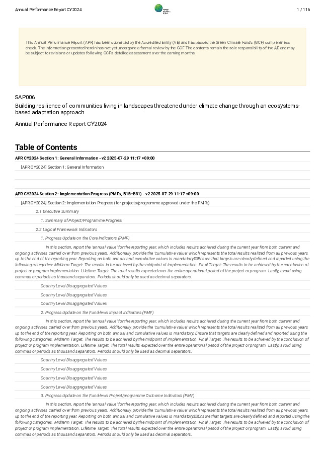 Document cover for 2024 Annual Performance Report for SAP006: Building resilience of communities living in landscapes threatened under climate change through an ecosystems-based adaptation approach
