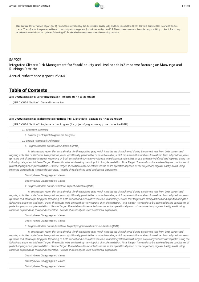Document cover for 2024 Annual Performance Report for SAP007: Integrated Climate Risk Management for Food Security and Livelihoods in Zimbabwe focusing on Masvingo and Rushinga Districts