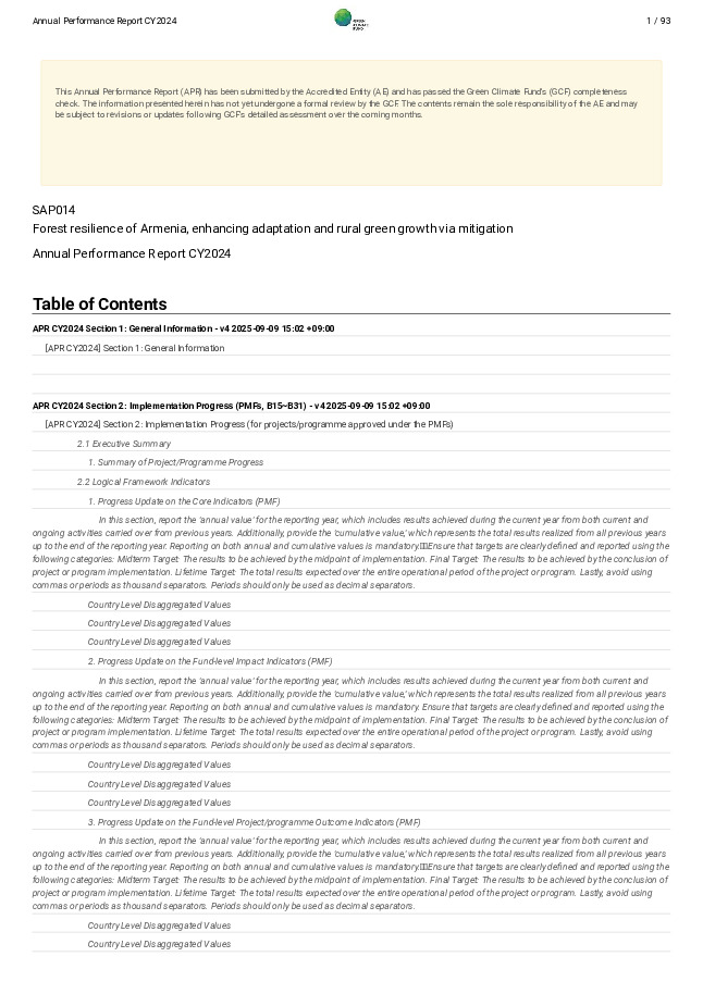 Document cover for 2024 Annual Performance Report for SAP014: Forest resilience of Armenia, enhancing adaptation and rural green growth via mitigation