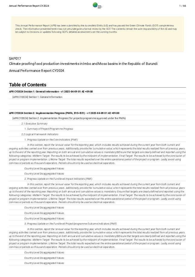 Document cover for 2024 Annual Performance Report for SAP017: Climate proofing food production investments in Imbo and Moso basins in the Republic of Burundi