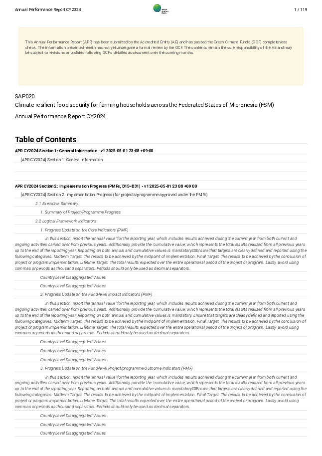 Document cover for 2024 Annual Performance Report for SAP020: Climate resilient food security for farming households across the Federated States of Micronesia (FSM)