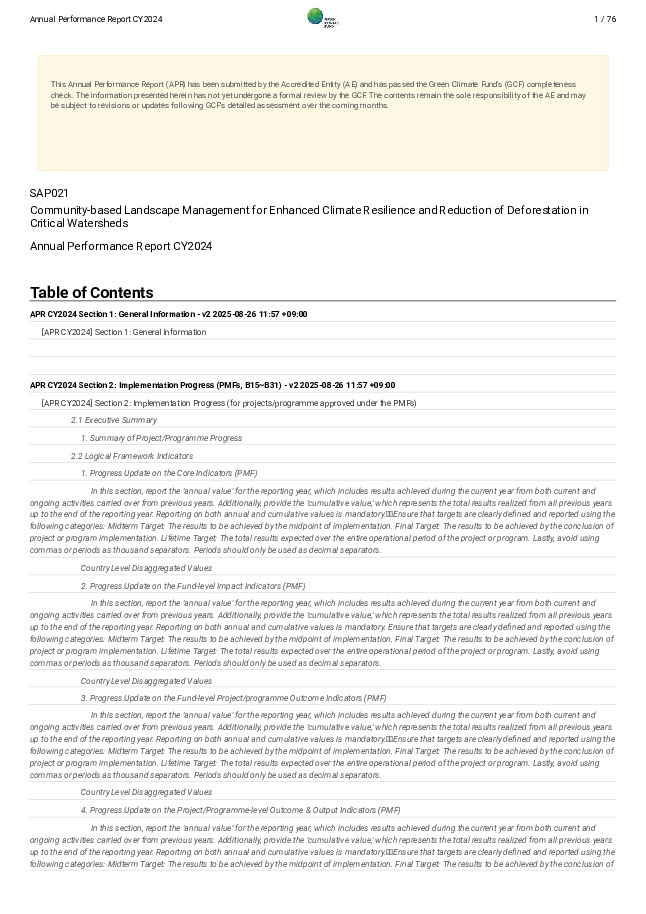 Document cover for 2024 Annual Performance Report for SAP021: Community-based Landscape Management for Enhanced Climate Resilience and Reduction of Deforestation in Critical Watersheds