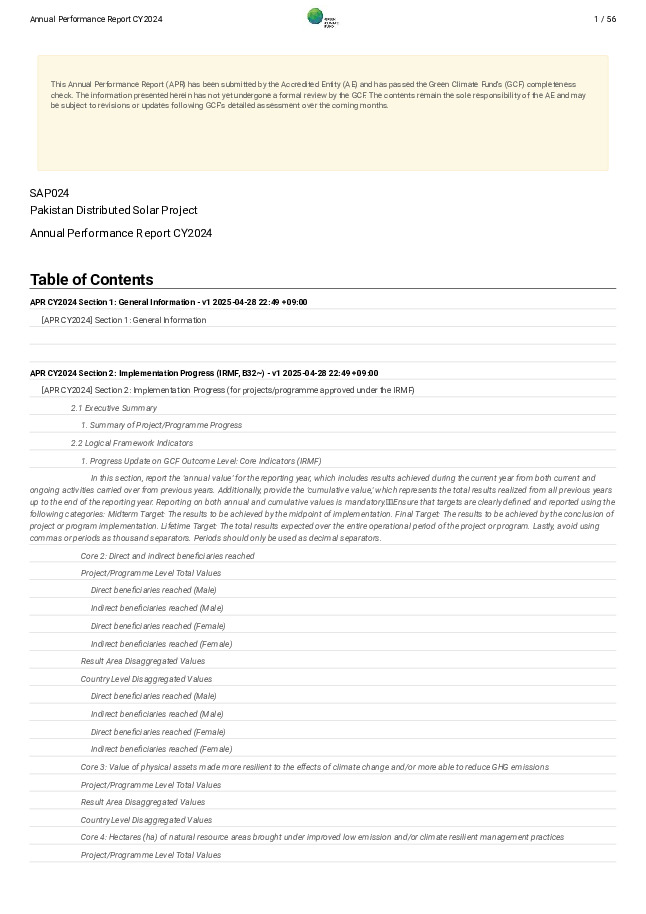 Document cover for 2024 Annual Performance Report for SAP024: Pakistan Distributed Solar Project