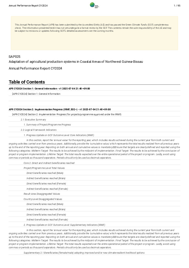 Document cover for 2024 Annual Performance Report for SAP025: Adaptation of agricultural production systems in Coastal Areas of Northwest Guinea-Bissau
