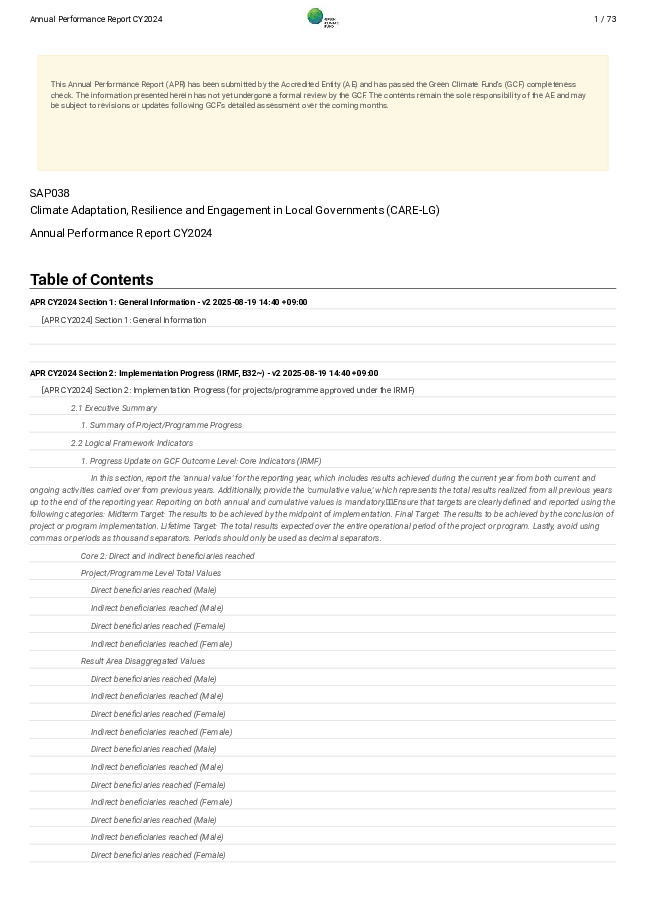 Document cover for 2024 Annual Performance Report for SAP038: Climate Adaptation, Resilience and Engagement in Local Governments (CARE-LG)