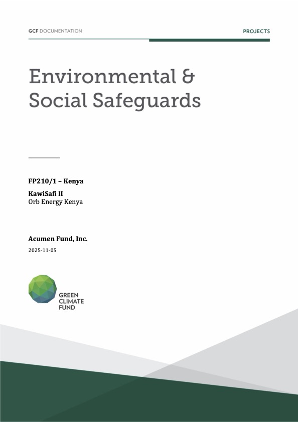 Document cover for Environmental and social safeguards (ESS) report for FP210: KawiSafi II - Orb Energy Kenya