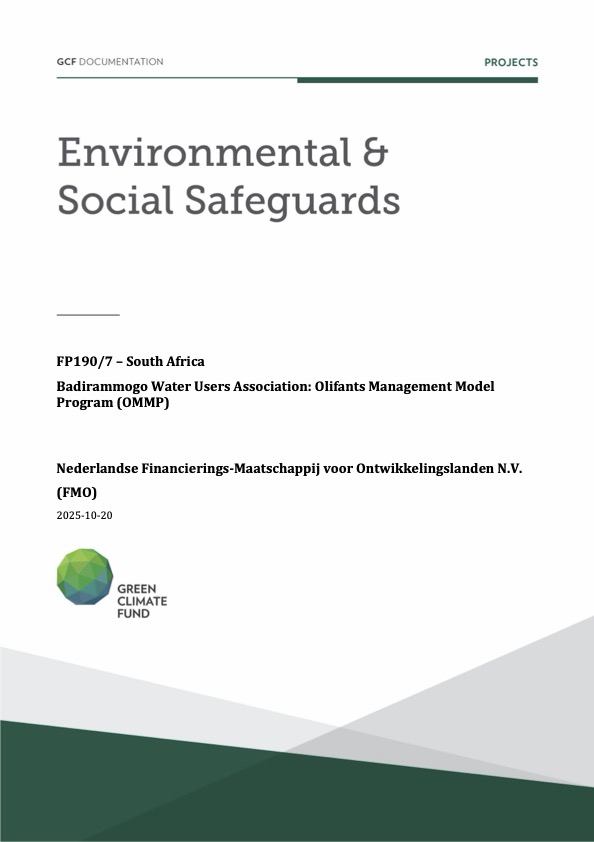 Document cover for Environmental and social safeguards (ESS) report for FP190: Climate Investor Two (CI2) - Badirammogo Water Users Association: Olifants Management Model Program (OMMP)