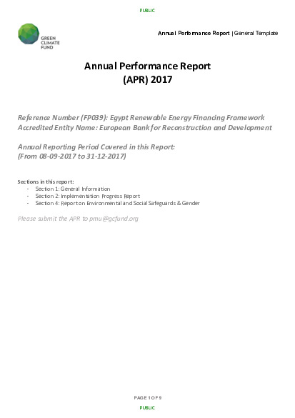 Document cover for 2017 Annual Performance Report for FP039: Egypt Renewable Energy Financing Framework