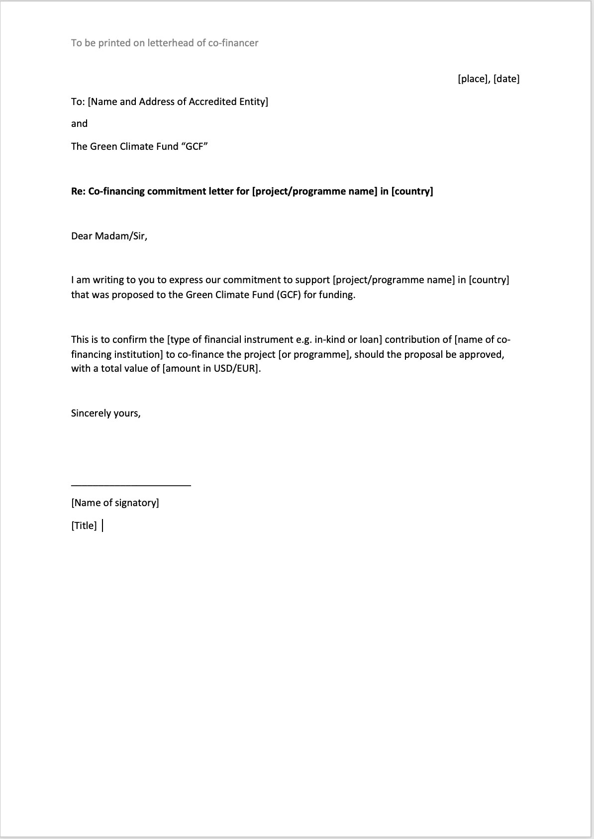 Letter Of Commitment Template