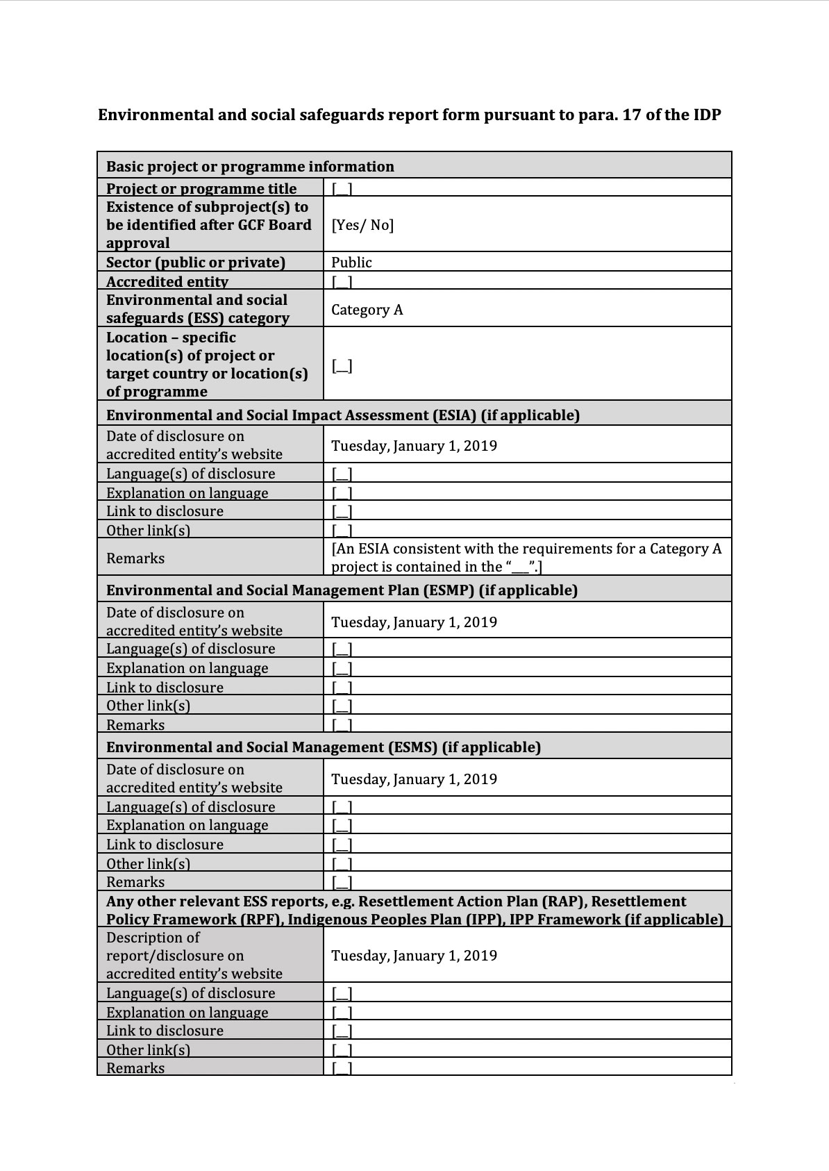 Document cover for ESS disclosure report: Annex 6 to Funding Proposals