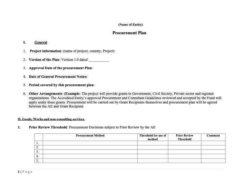 Document cover for Procurement plan: Annex 10 to Funding Proposals