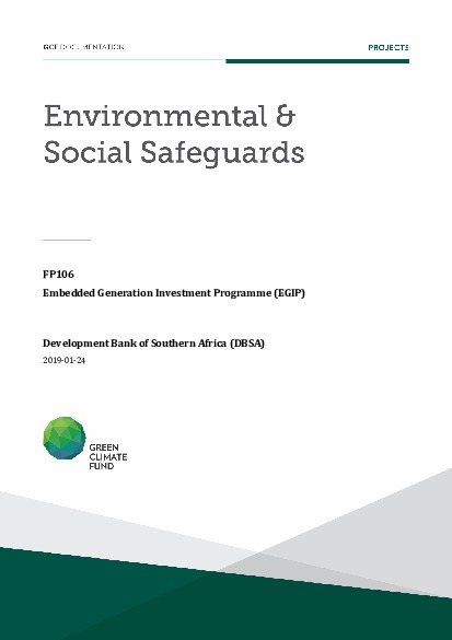 Document cover for Environmental and social safeguards (ESS) report for FP106: Embedded Generation Investment Programme (EGIP)