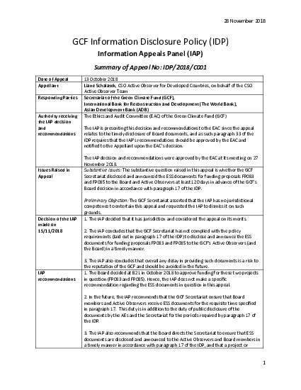 Document cover for Decision and recommendations on appeal no IDP/2018/C001