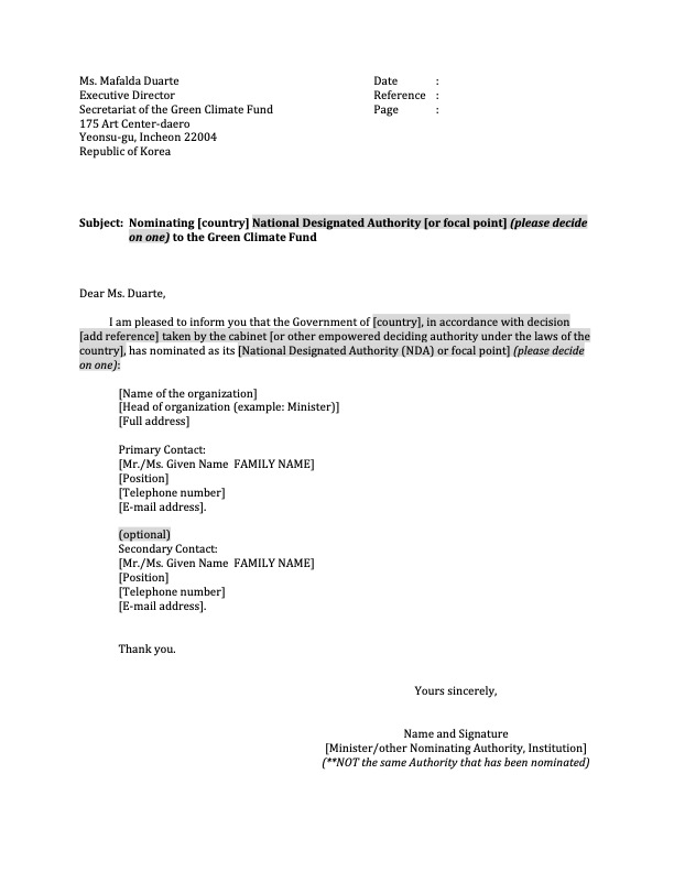Download Nomination of a National Designated Authority (NDA) or Focal Point Document cover for Nomination of a National Designated Authority (NDA) or Focal Point
