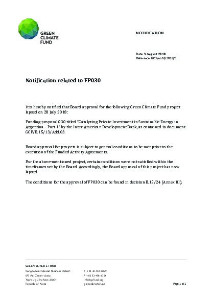 Document cover for Notification related to FP030