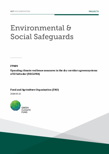 Document cover for Environmental and social safeguards (ESS) report for FP089: Upscaling climate resilience measures in the dry corridor agroecosystems of El Salvador (RECLIMA)