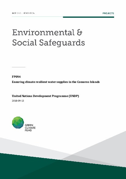 Document cover for Environmental and social safeguards (ESS) report for FP094: Ensuring climate resilient water supplies in the Comoros Islands