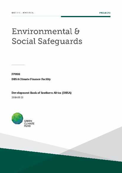 Download Environmental and social safeguards (ESS) report for FP098: DBSA Climate Finance Facility Document cover for Environmental and social safeguards (ESS) report for FP098: DBSA Climate Finance Facility