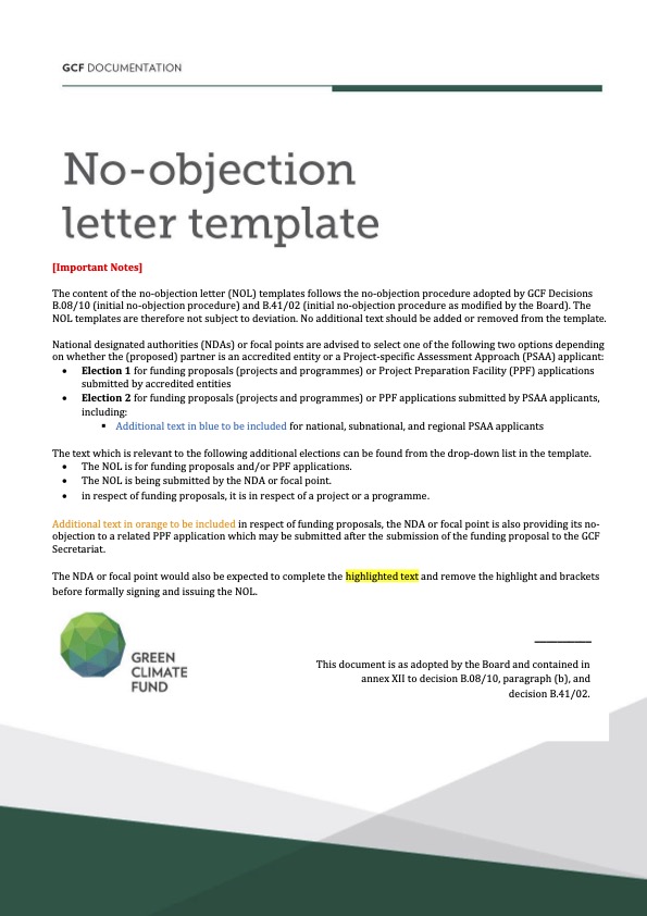 Document cover for No objection letter template