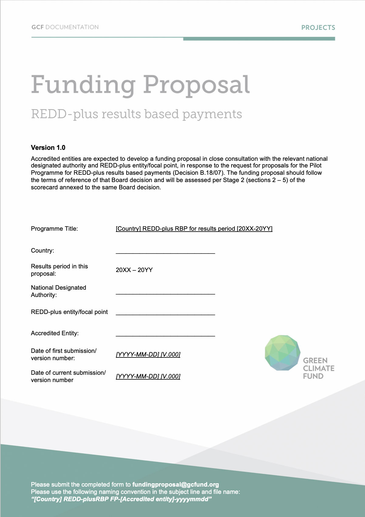 Document cover for REDD+ Results Based Payments Funding Proposal Template