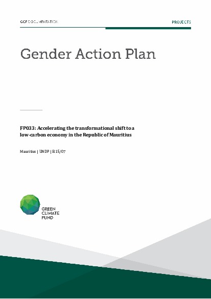 Document cover for Gender action plan for FP033: Accelerating the transformational shift to a low-carbon economy in the Republic of Mauritius